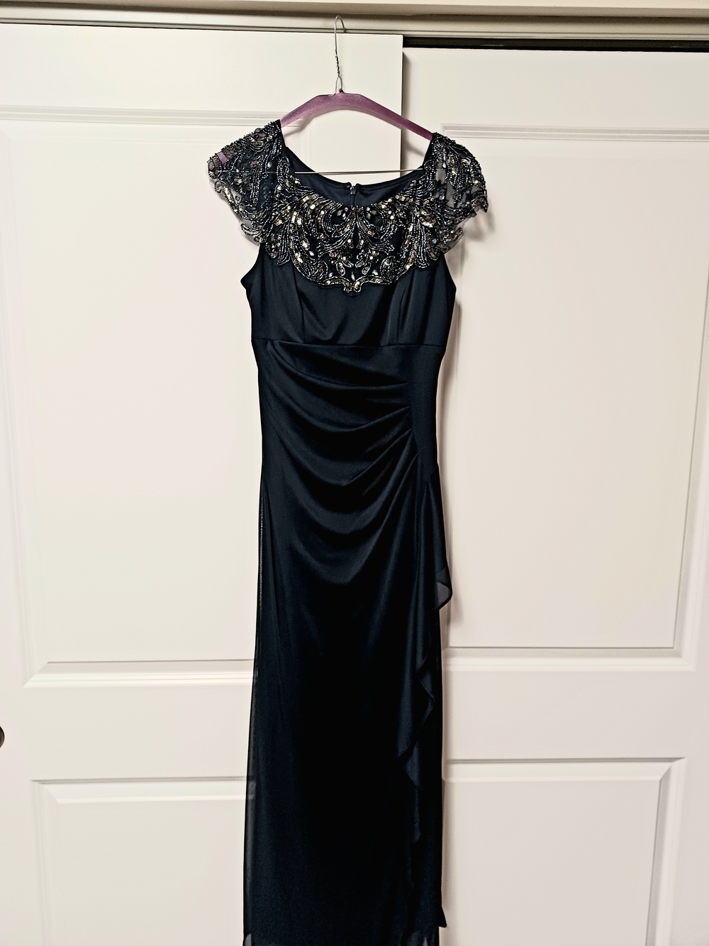 Black Beaded Cap-Sleeve Maxi Dress